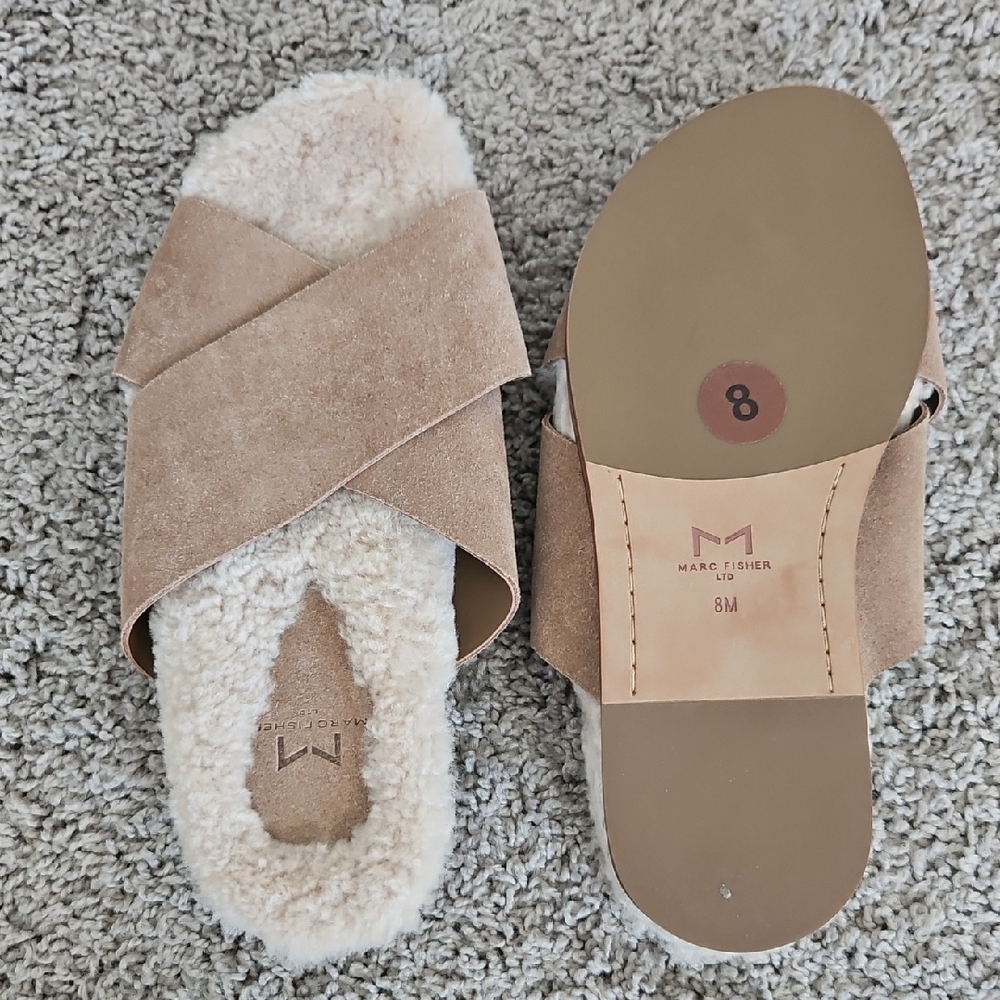 New Marc Fisher Canna Cozy Slide Slippers Brown Beige Suede Genuine Shearling 8